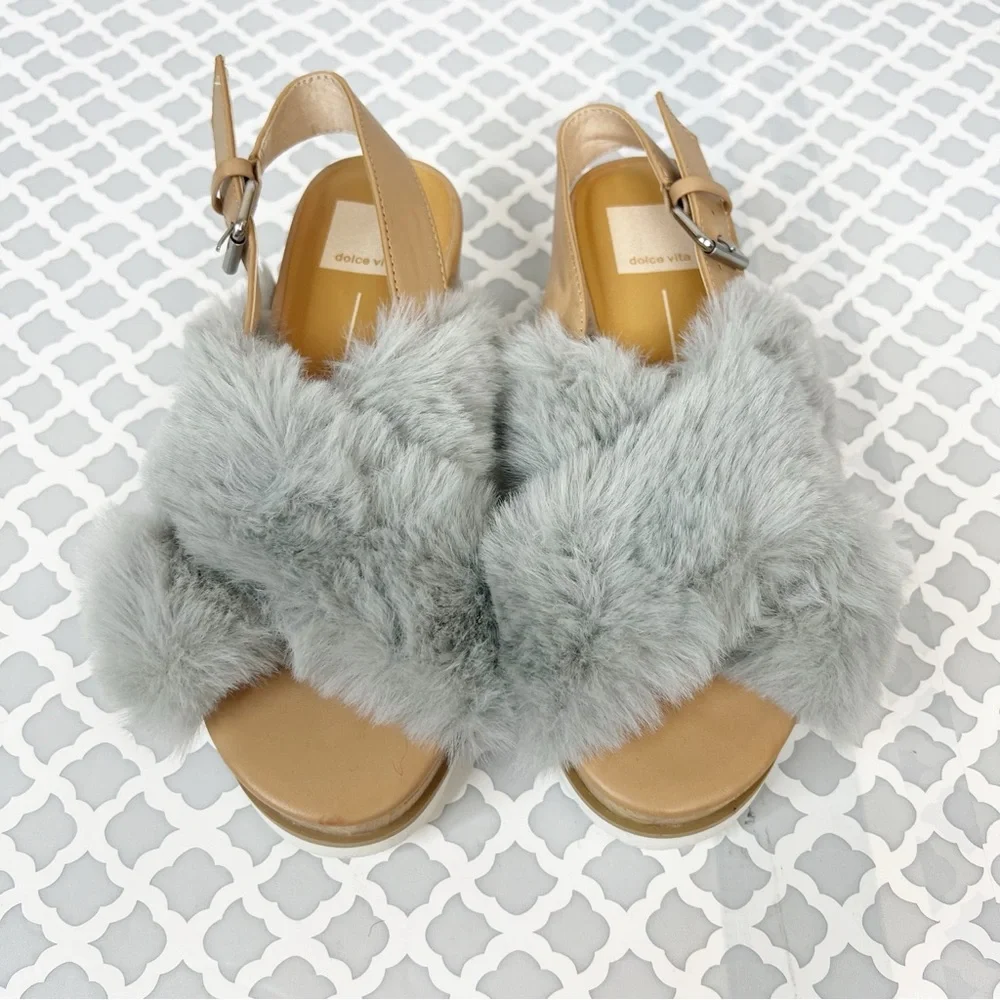 NWOB Dolce Vita Grey Faux Fur Ankle Strap Wedge Sandal